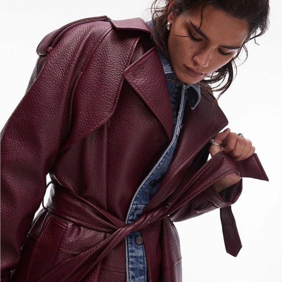 Topshop textured faux leather trench coat in burgundy NWOT Size 8-10 - Picture 4 of 11